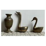 2 Solid Brass Swans & Brass Vase-See Photos