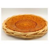 Amber Glass Plate with Wicker Basket Holder