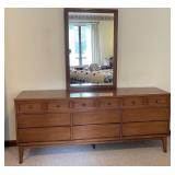 Mid-Century Modern 9 Drawer Lowboy Dresser & Mirro