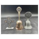 Silver Plate and Pewter Bells & Small Cross Figure