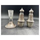 2 Sterling Silver Salt & Pepper and Shot Glass