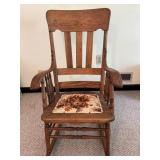 Oak Wooden Rocking Chair With Upholstered Seat