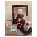 Decorative Lot With Vase, Doll, and Photos