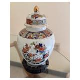 Floral Porcelain Ginger Jar with Wooden Stand