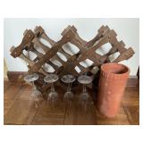 Wooden Wine Rack, Wine Crock, & 4 Crystal Wine