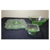 Three Green Depression Glass Pieces