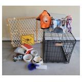 Pet Supply Lot With Crate and Bowls