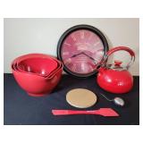 Red Kitchenware and Wall Clock Set