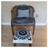 Blue Velvet Cane Back Chair and Footstool