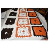 Vtg Crocheted Orange, White & Brown Afghan