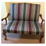 Vtg Wooden Settee With Striped Upholstery