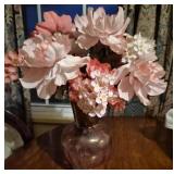 Vtg Pink Glass Vase with Faux Flowers