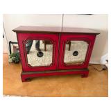Red Wood Cabinet With Mirrored Doors