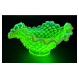 Uranium Glass Hobnail Ruffled Bowl