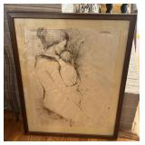 Framed Drawing of Mother and Child by Robert Birdw