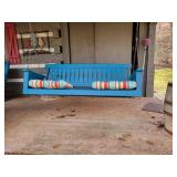 Blue Wooden Porch Swing with Cushions