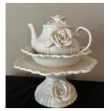 Vtg White Ceramic Teapot & Dishes Set