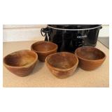 Four Wooden Bowls & Crock Pot