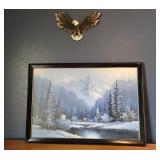 Framed Snowy Mountain Painting & Eagle