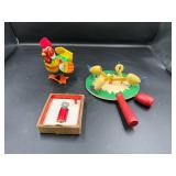 Vintage Toy Set With Tin Chicken, Birds, & Whistle