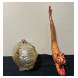 Vtg Glass Pig Bank 5.5ï¿½ï¿½ & Wooden Cat 12ï¿½ï¿½ Figurin