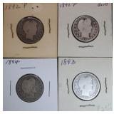 4pc 1892-P, 1893 & 1894 Barber Silver Quarter