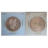 2pc 1911 Barber Silver Half Dollars