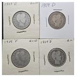 4pc Silver Barber Quarters