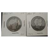 2pc 1911-P Silver Barber Half Dollars