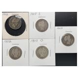 5pc Silver Barber Quarters