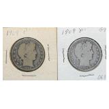 2pc 1909-P Silver Barber Half Dollars