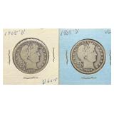 2pc 1908-D Silver Barber Half Dollars