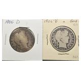 2pc 1906-D Silver Barber Half Dollars