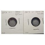 2pc 1853 Silver Three Cents