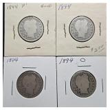4pc Silver Barber Quarters