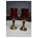 Pair of Gold & Red Glass Candle Sticks
