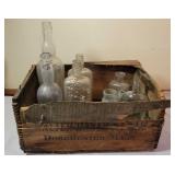 Wood Crate with Assorted Vintage Bottles