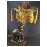 Carved Elephant Lamp With Tasseled Shade