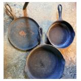 Three Vtg Cast Iron Skillets