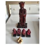10" Teak Asian Figurine & Stamps