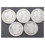 5pc Silver Barber Quarters