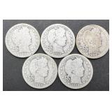 5pc Silver Barber Quarters