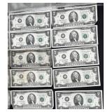 10pc U.S. 2 Dollar Bills
