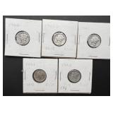 5pc Mercury Silver Dimes