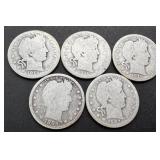 5pc Silver Barber Quarters