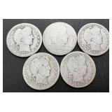 5pc Silver Barber Quarters