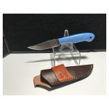 Custom Damascus Steel Knife Blue Resin