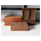 3 Vtg Wooden Jewlery Boxes w/Costume Jewlery