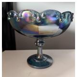 Vtg Iridescent Blue Carnival Glass Compote