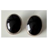 Vtg large oval black onyx .925 silver earrings
